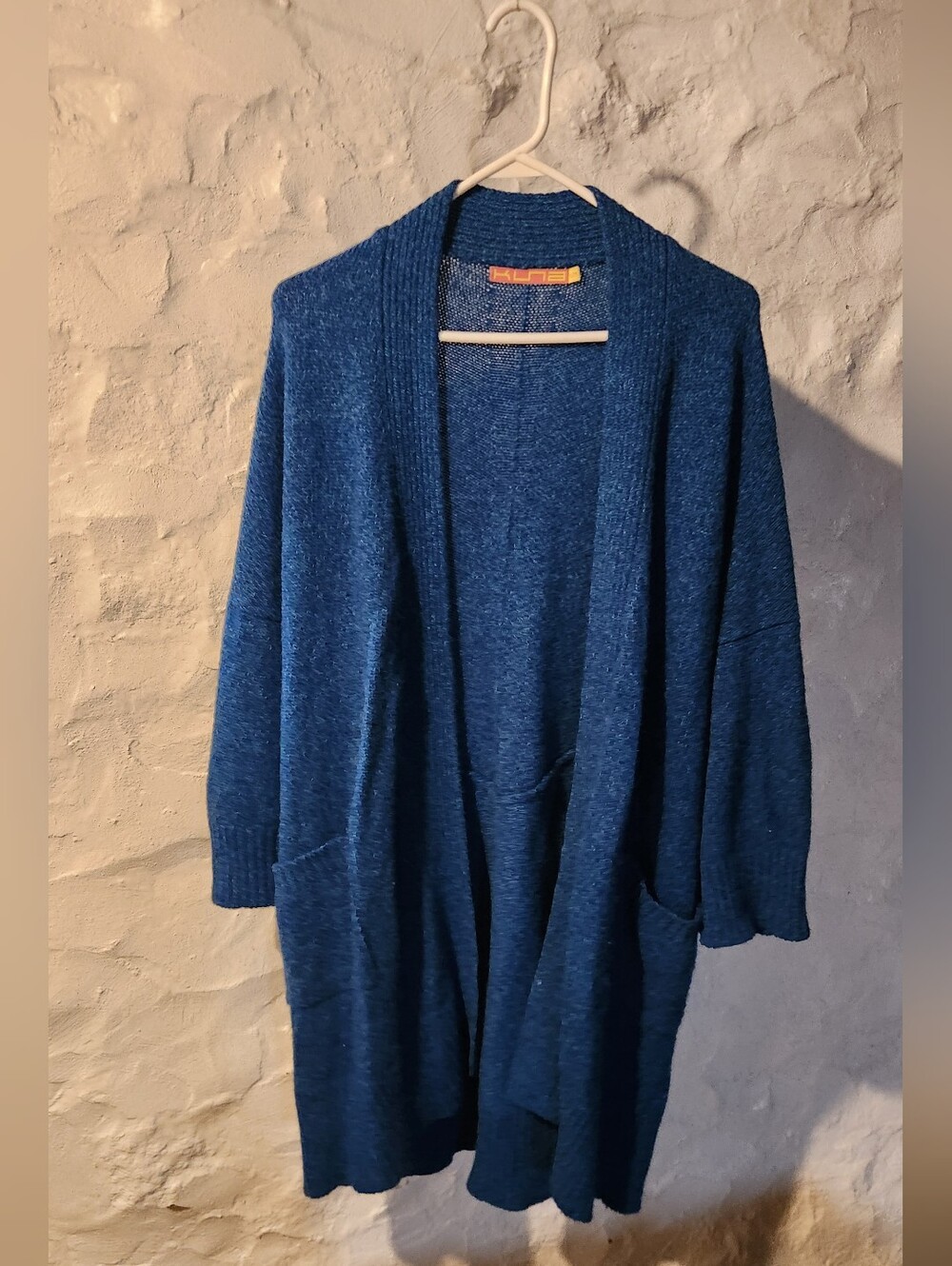 100% BABY ALPACA Blue Duster Cardigan Sweater Knit Pockets Quiet Luxury Size S M